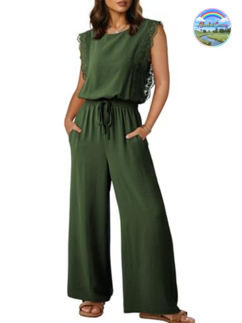 Womens Lace Cap Sleeve Wide Leg Jumpsuit Romper Drawstring Waist Pockets